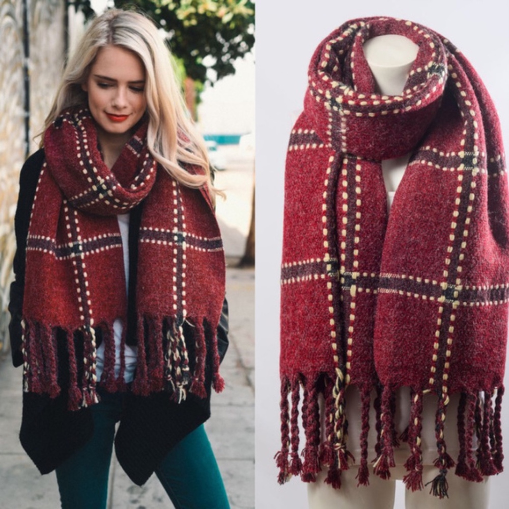 FALL FEELS Tassel Scarf - WINE - Picture 1 of 1